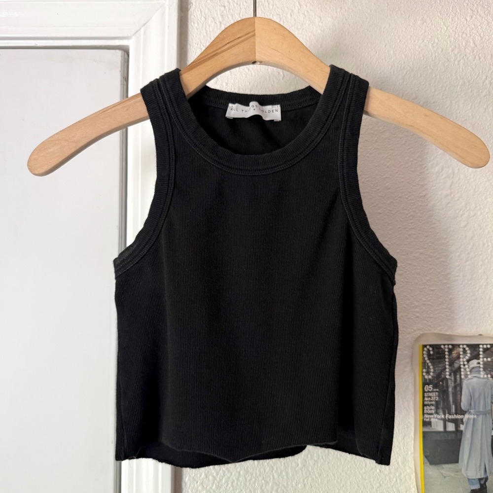 ALL THINGS GOLDEN black cotton rib ribbed knit raw hem cropped crew tank top